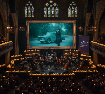 Live orchestra performing the Twilight movie soundtrack at the Dr. Phillips Center in Orlando, with the film playing on a large screen behind the musicians.