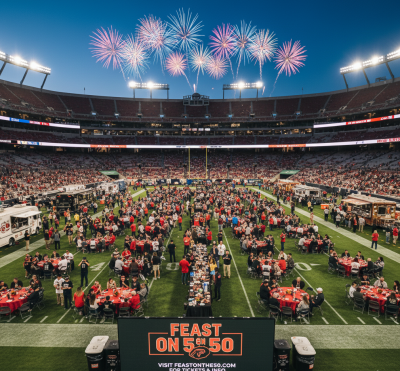 Crowds enjoy food, drinks, and games on the field at Camping World Stadium during the Feast on the 50 event, with fireworks lighting up the Orlando night sky.