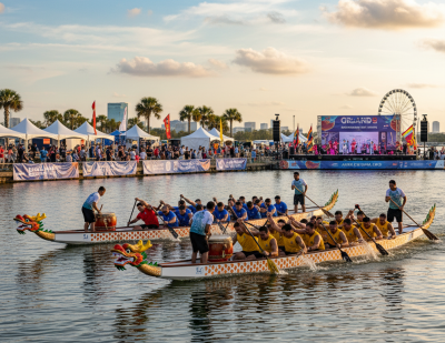 Dragon boat teams race across Turkey Lake during the Orlando International Dragon Boat Festival, surrounded by cultural performances, food trucks, and the Health & Wellness Village.